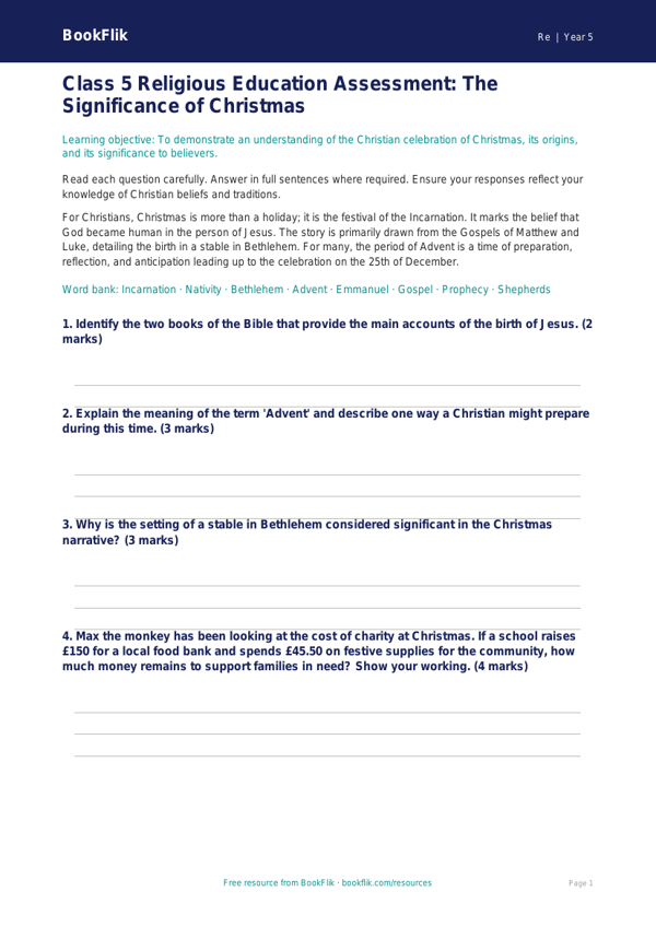 Free Christmas Assessment | Class 5 | EVS & Moral Education | BookFlik worksheet preview — Re Christmas