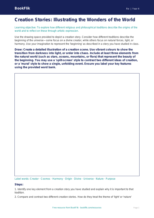 Free Creation Stories Drawing Sheet | Class 4 | EVS / Moral Education | BookFlik worksheet preview — Re Creation Stories