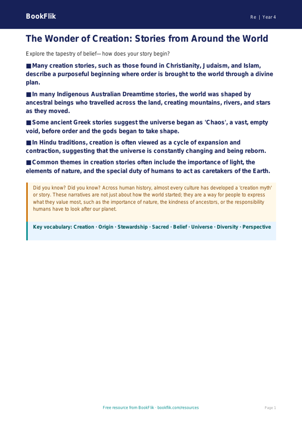Free Creation Stories Poster | Class 4 | EVS / Moral Education | BookFlik worksheet preview — Re Creation Stories