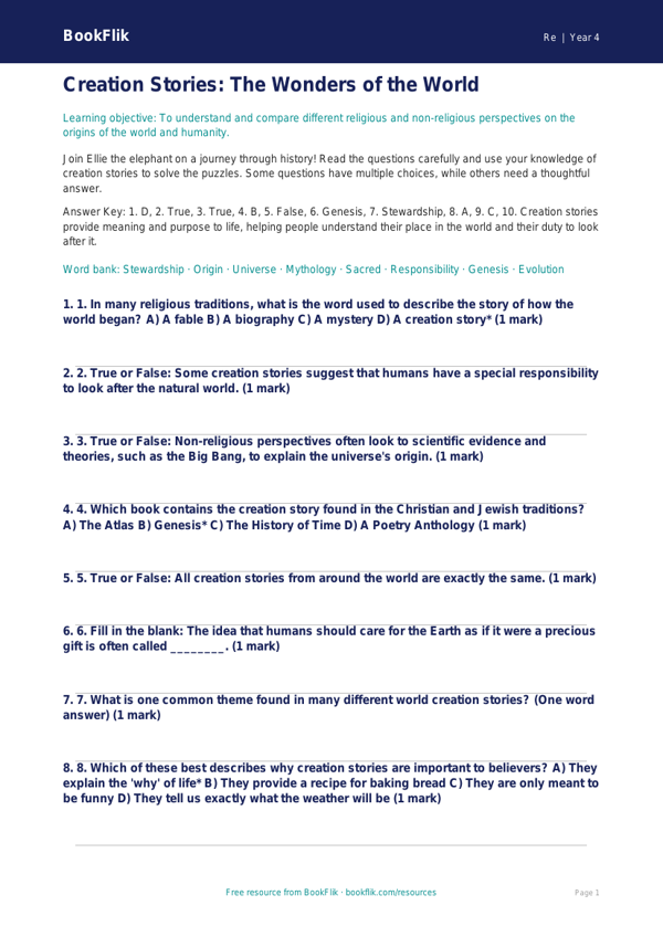 Free Creation Stories Quiz | Class 4 | EVS / Moral Education | BookFlik worksheet preview — Re Creation Stories