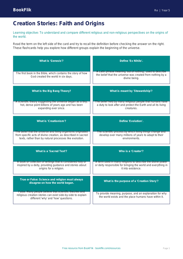 Creation Stories Flashcards for Class 5 | EVS & Moral Education | BookFlik worksheet preview — Re Creation Stories