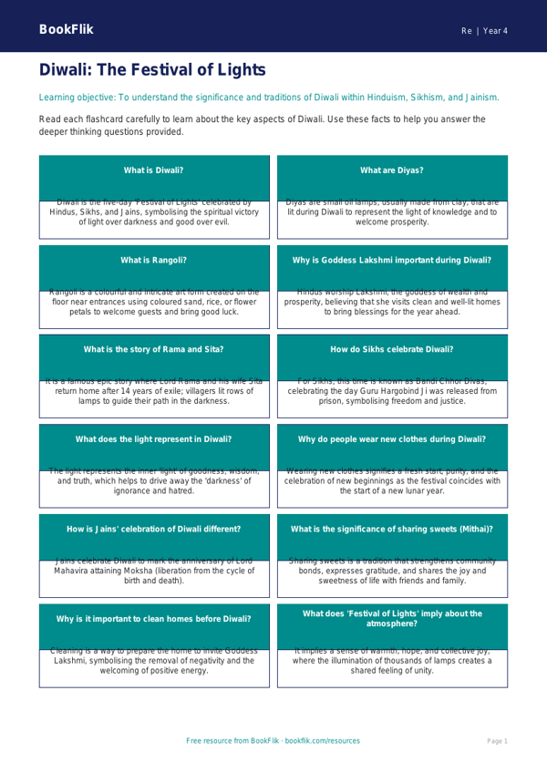 Free Diwali Flashcards | Class 4 | EVS / Moral Education | BookFlik worksheet preview — Re Diwali
