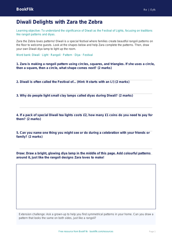 Free Diwali Activity Sheet | Nursery / LKG | EVS / Moral Education | BookFlik worksheet preview — Re Diwali