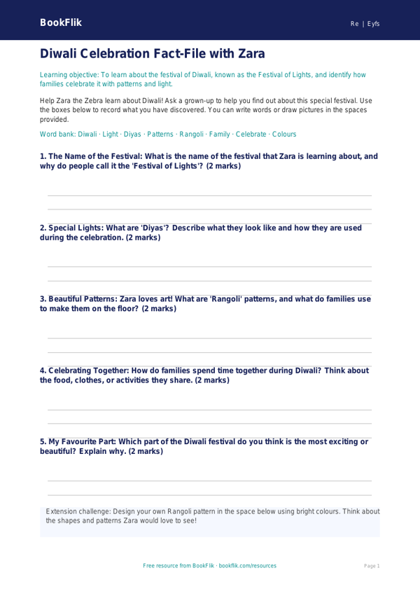 Free Diwali Template | Nursery / LKG | EVS / Moral Education | BookFlik worksheet preview — Re Diwali