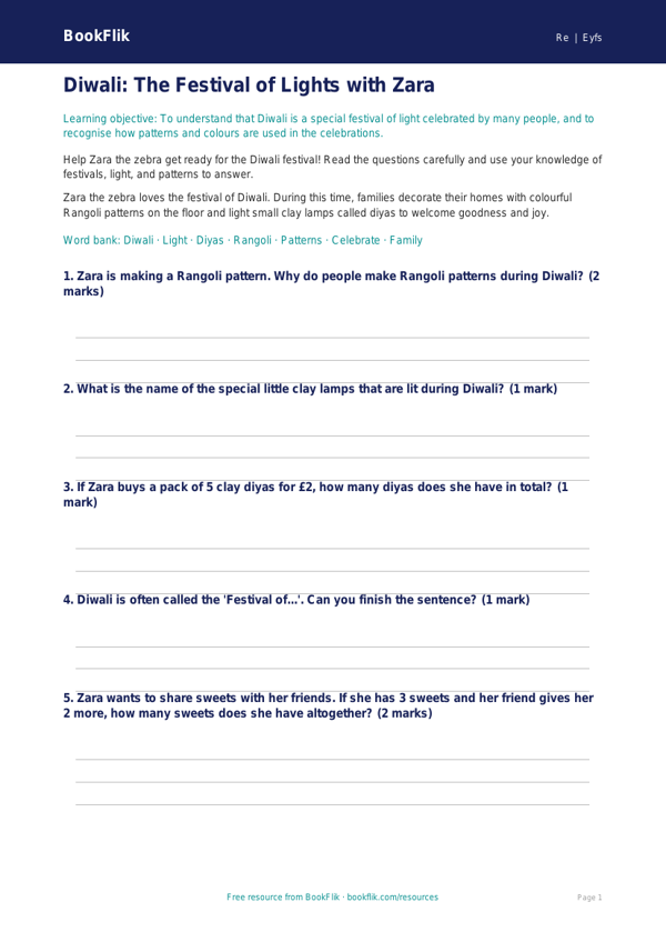 Free Diwali Worksheet | Nursery / LKG | EVS / Moral Education | BookFlik worksheet preview — Re Diwali