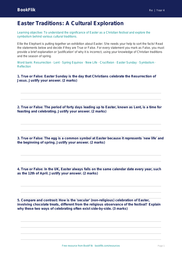 Easter Activity Sheet for Class 4 | EVS & Moral Education | BookFlik worksheet preview — Re Easter