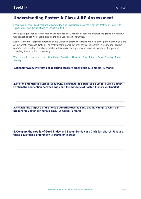 Free Easter Assessment | Class 4 | EVS / Moral Education | BookFlik worksheet preview — Re Easter