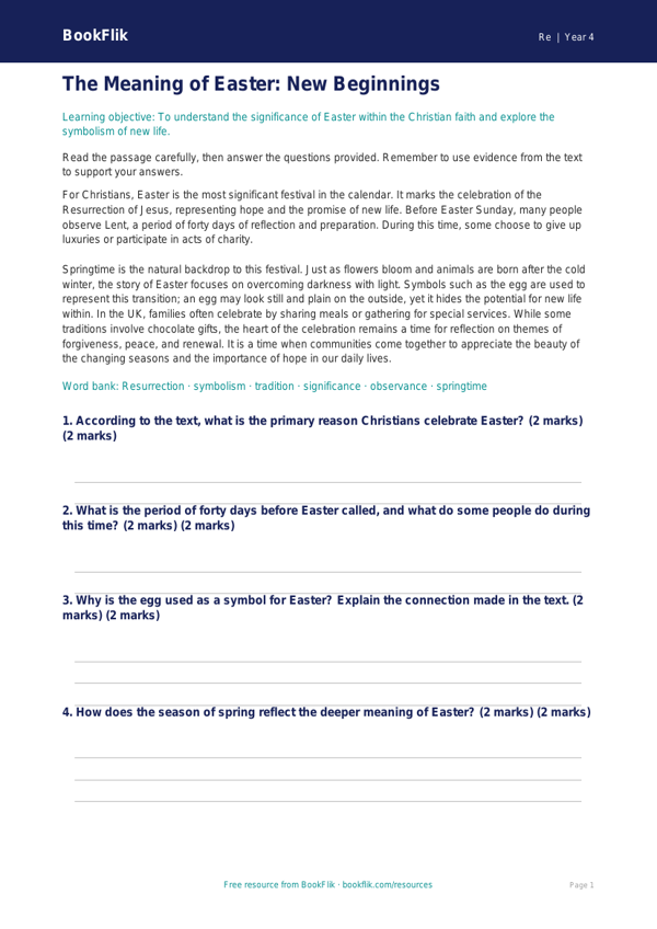 Free Easter Comprehension | Class 4 | EVS / Moral Education | BookFlik worksheet preview — Re Easter