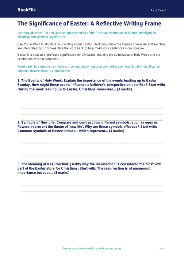 Free Easter Writing Frame | Class 4 | EVS / Moral Education | BookFlik worksheet preview — Re Easter