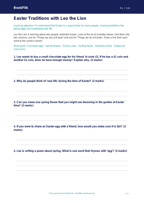 Free Easter Activity Sheet | Nursery / LKG | EVS / Moral Education | BookFlik worksheet preview — Re Easter