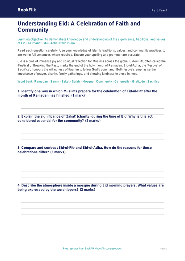 Free Eid Assessment | Class 4 | EVS / Moral Education | BookFlik worksheet preview — Re Eid