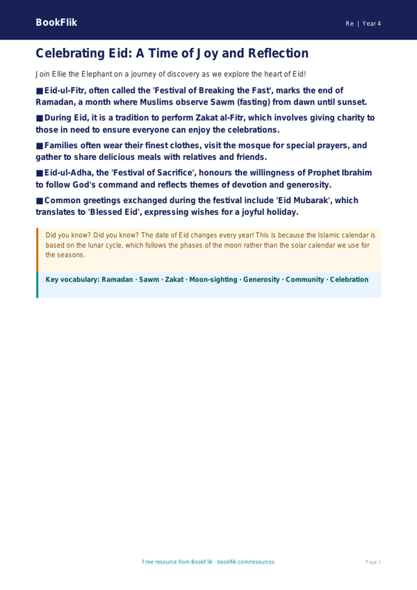 Free Eid Poster Activity | Class 4 | EVS & Moral Education | BookFlik worksheet preview — Re Eid