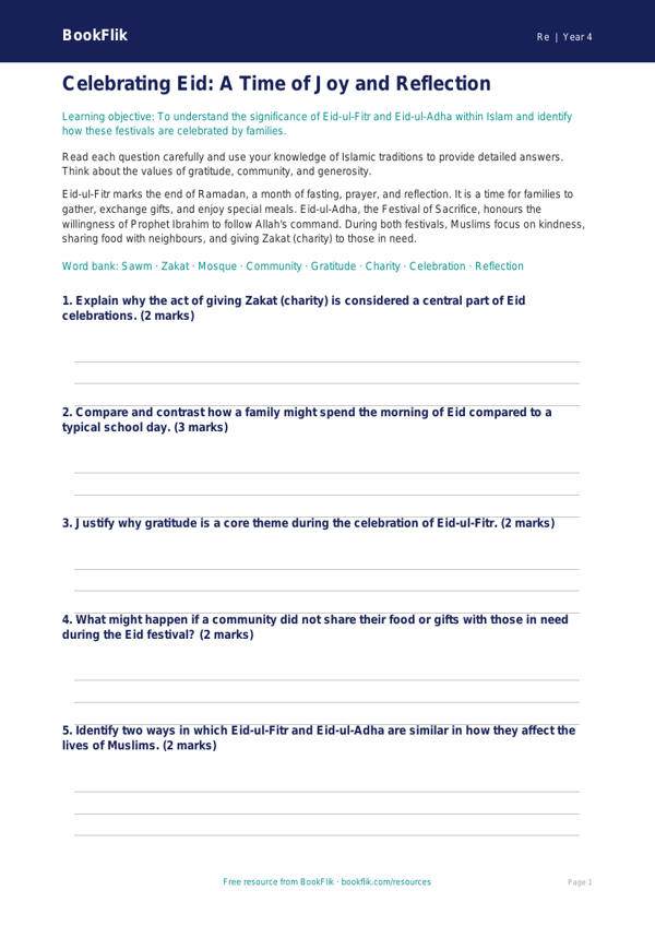 Free Eid Worksheet | Class 4 | EVS / Moral Education | BookFlik worksheet preview — Re Eid