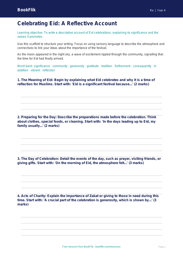Free Eid Writing Frame | Class 4 | EVS / Moral Education | BookFlik worksheet preview — Re Eid