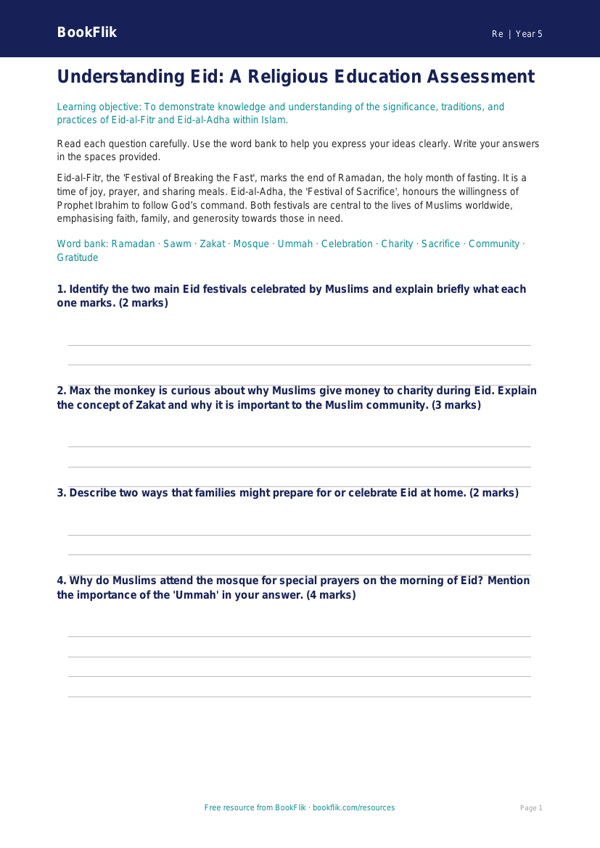Free Eid Assessment | Class 5 | EVS / Moral Education | BookFlik worksheet preview — Re Eid
