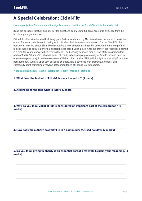 Free Eid Comprehension | Class 5 | EVS / Moral Education | BookFlik worksheet preview — Re Eid