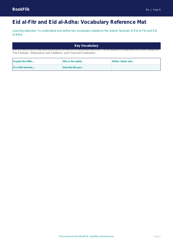 Free Eid Word Mat | Class 5 | EVS / Moral Education | BookFlik worksheet preview — Re Eid