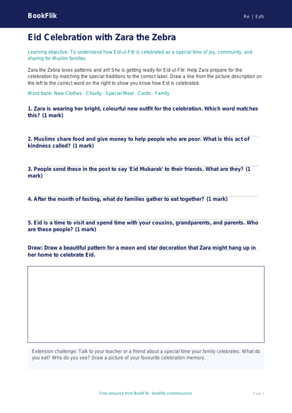 Free Eid Activity Sheet | Nursery / LKG | EVS / Moral Education | BookFlik worksheet preview — Re Eid