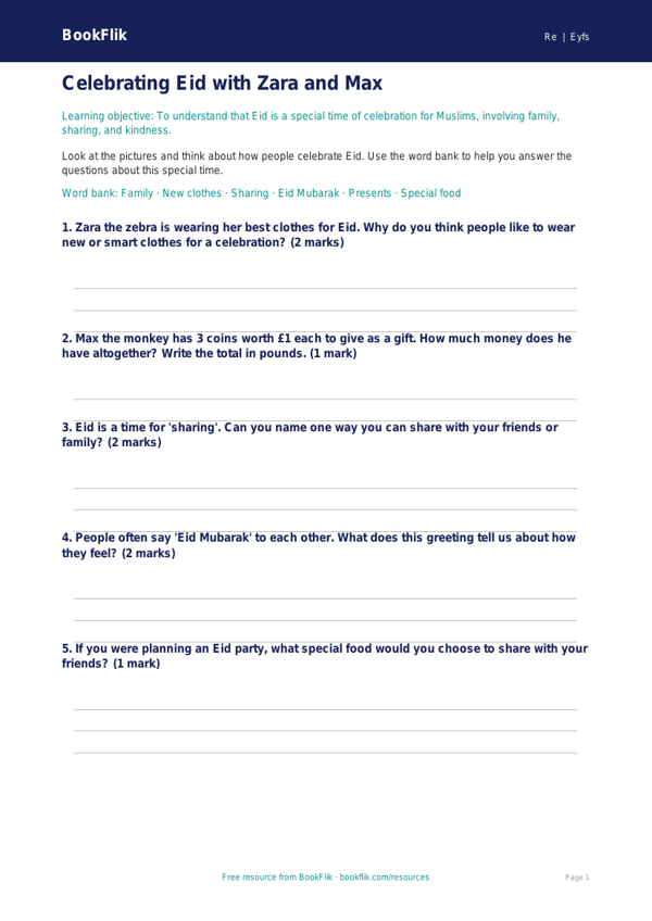 Free Eid Worksheet | Nursery / LKG | EVS / Moral Education | BookFlik worksheet preview — Re Eid