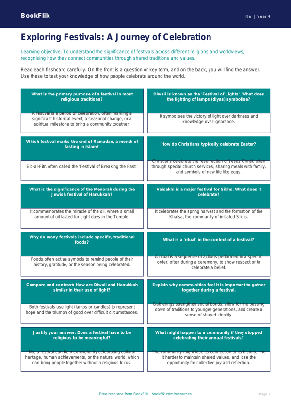 Festivals Flashcards Class 4 Free | EVS & Moral Education | BookFlik worksheet preview — Re Festivals