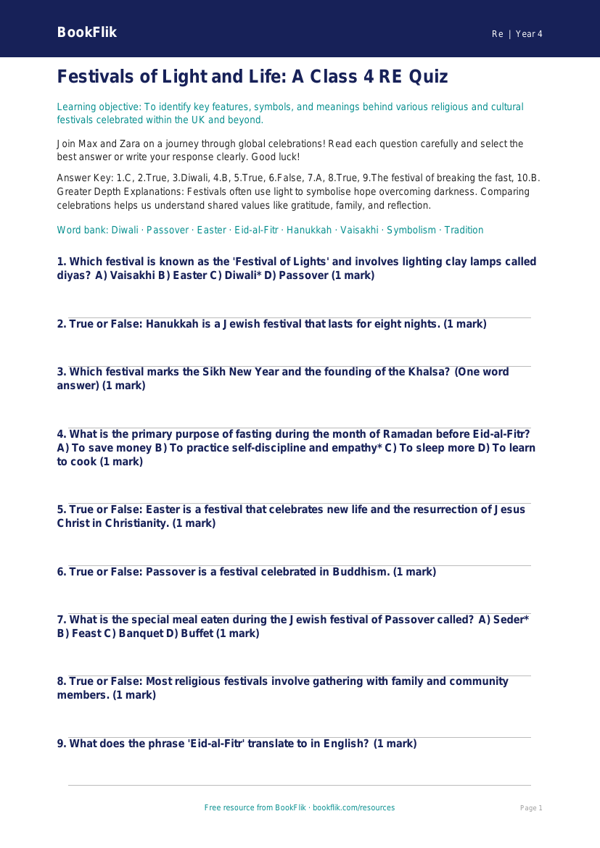Festivals Quiz for Class 4 EVS | CBSE Moral Education | BookFlik worksheet preview — Re Festivals