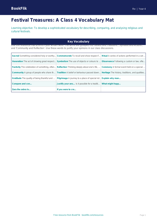 Free Festivals Word Mat | Class 4 | EVS / Moral Education | BookFlik worksheet preview — Re Festivals