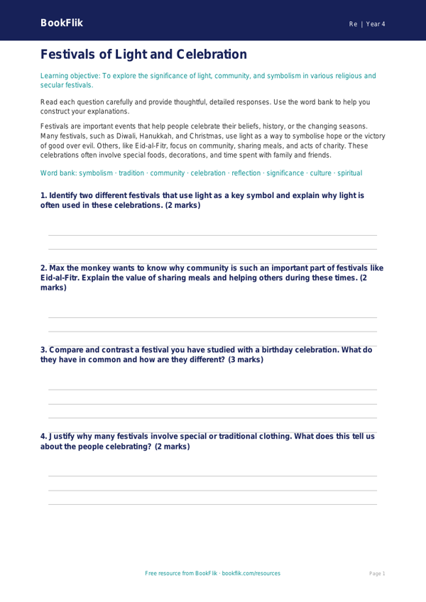 Free Festivals Worksheet | Class 4 | EVS / Moral Education | BookFlik worksheet preview — Re Festivals