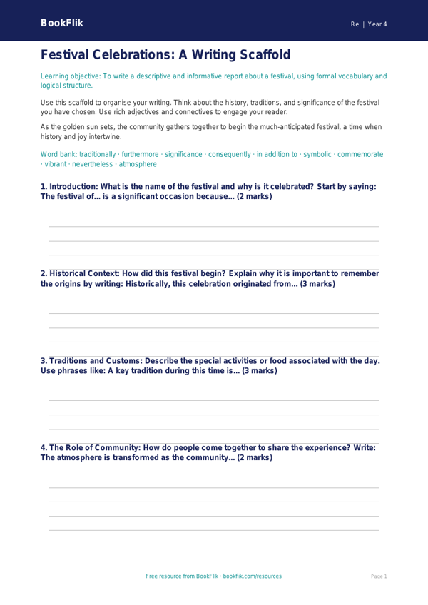 Free Festivals Writing Frame | Class 4 | EVS / Moral Education | BookFlik worksheet preview — Re Festivals