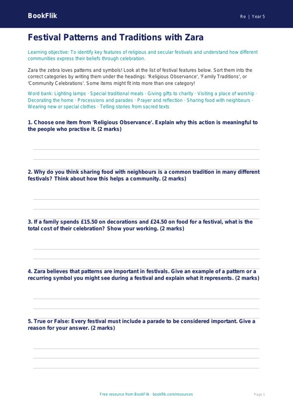 Free Festivals Activity Sheet | Class 5 | EVS / Moral Education | BookFlik worksheet preview — Re Festivals