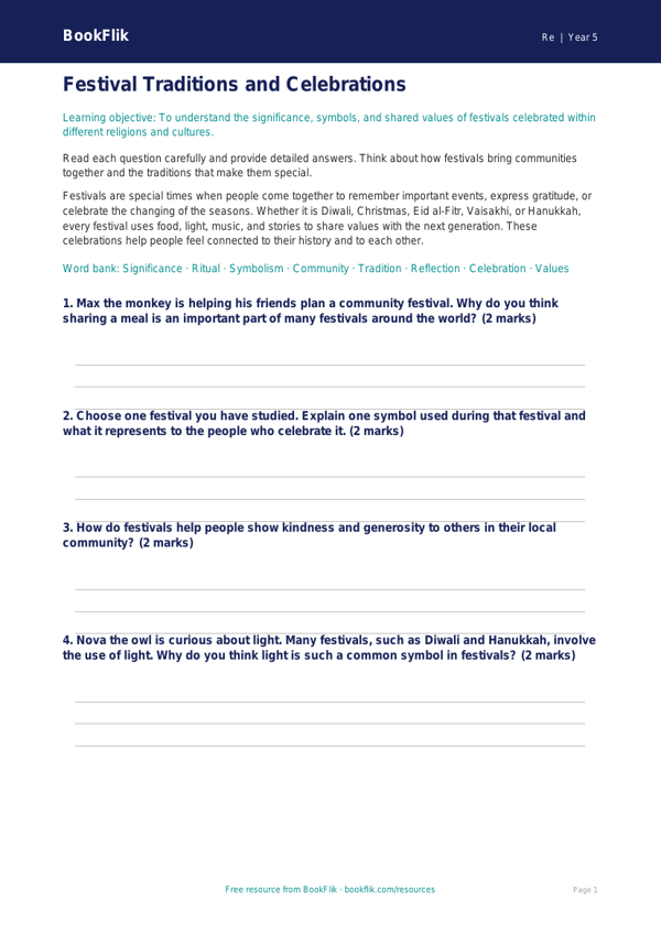 Free Festivals Worksheet | Class 5 | EVS / Moral Education | BookFlik worksheet preview — Re Festivals