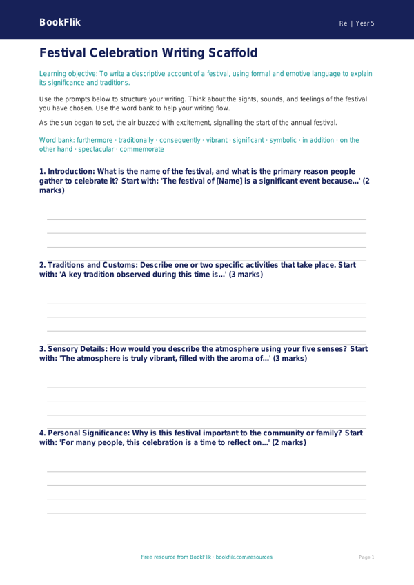 Free Festivals Writing Frame | Class 5 | EVS / Moral Education | BookFlik worksheet preview — Re Festivals