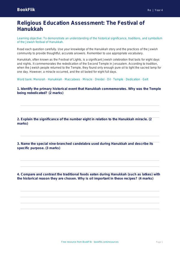 Hanukkah Assessment for Class 4 | EVS & Moral Education | BookFlik worksheet preview — Re Hanukkah