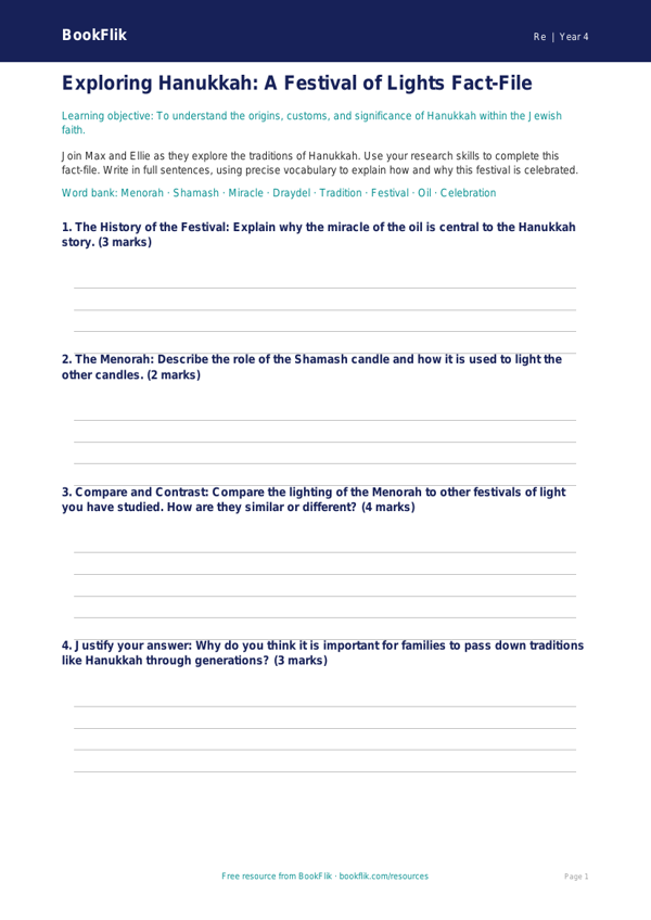 Hanukkah Learning Resource for Class 4 | EVS & Moral Education | BookFlik worksheet preview — Re Hanukkah
