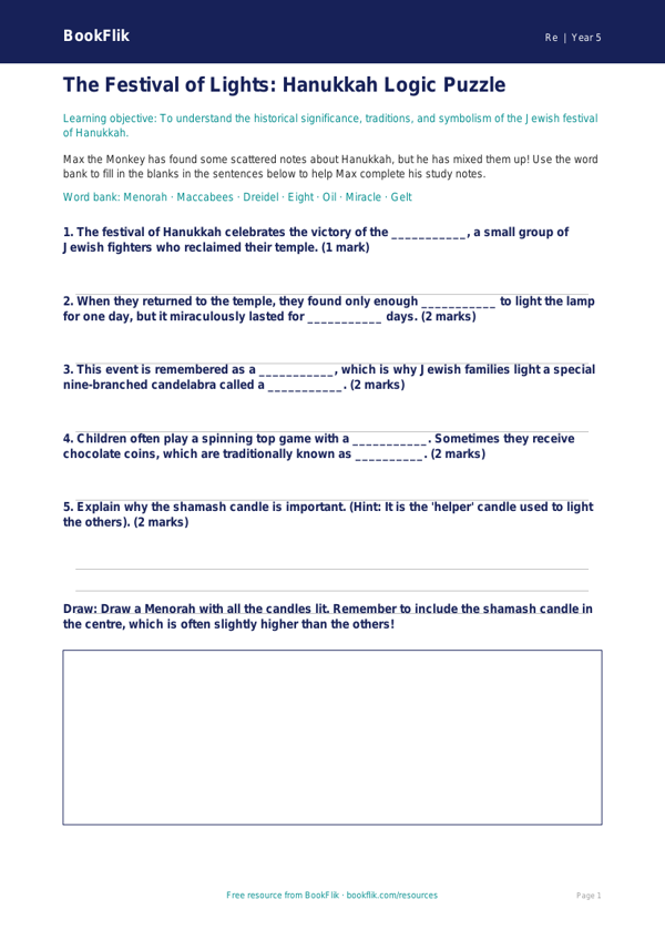 Hanukkah Activity Sheet for Class 5 | EVS & Moral Education | BookFlik worksheet preview — Re Hanukkah