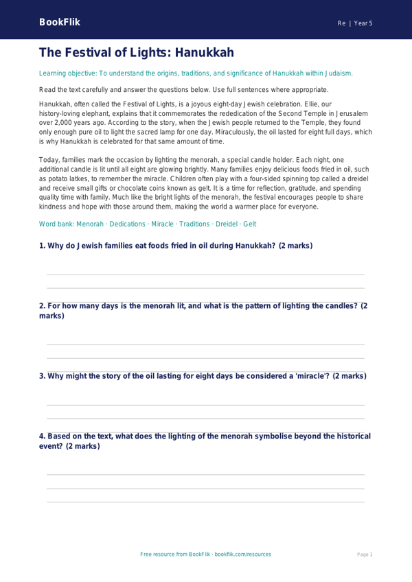 Free Hanukkah Comprehension | Class 5 | EVS / Moral Education | BookFlik worksheet preview — Re Hanukkah