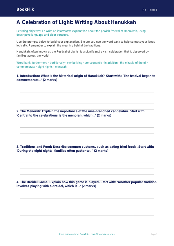Hanukkah Writing Frame | Class 5 EVS & Moral Education | BookFlik worksheet preview — Re Hanukkah