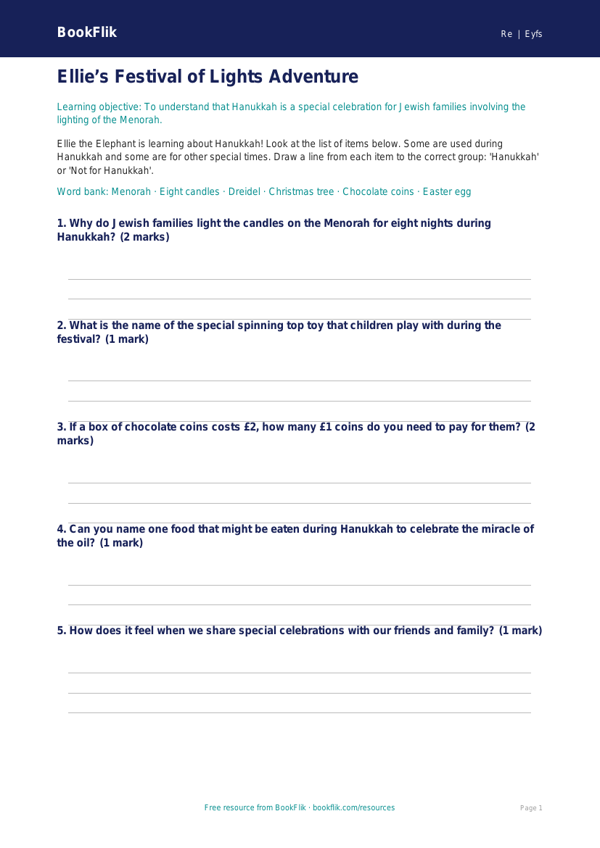 Hanukkah Activity Sheet for Nursery & LKG | CBSE Moral Education | BookFlik worksheet preview — Re Hanukkah
