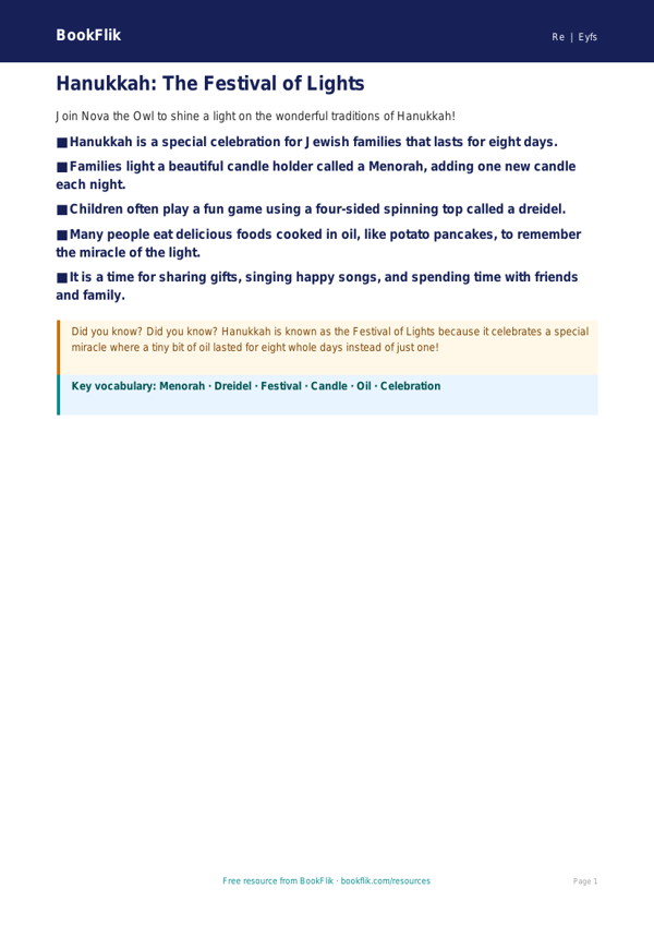 Free Hanukkah Poster | Nursery / LKG | EVS / Moral Education | BookFlik worksheet preview — Re Hanukkah