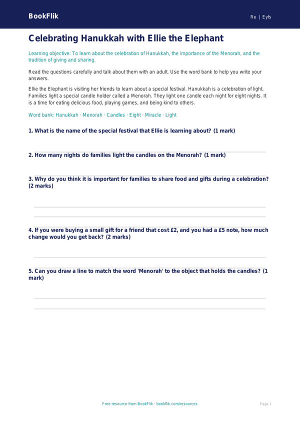Free Hanukkah Worksheet | Nursery / LKG | EVS / Moral Education | BookFlik worksheet preview — Re Hanukkah