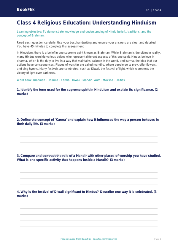 Free Hinduism Assessment | Class 4 | EVS / Moral Education | BookFlik worksheet preview — Re Hinduism