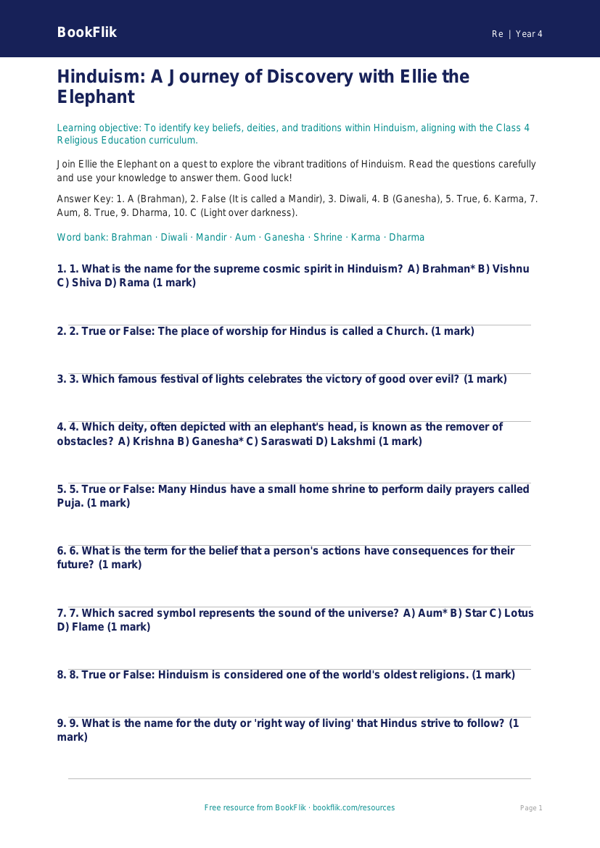 Hinduism Quiz for Class 4 | EVS & Moral Education | BookFlik worksheet preview — Re Hinduism