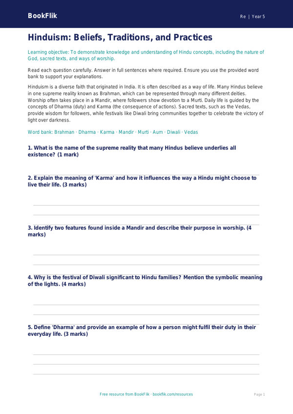 Hinduism Assessment for Class 5 | EVS & Moral Education | BookFlik worksheet preview — Re Hinduism