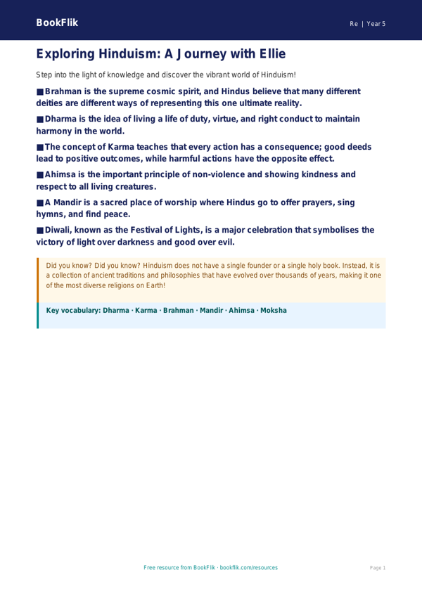 Free Hinduism Poster | Class 5 | EVS / Moral Education | BookFlik worksheet preview — Re Hinduism