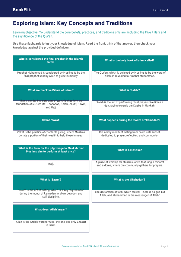 Islam Flashcards for Class 4 | EVS & Moral Education | BookFlik worksheet preview — Re Islam