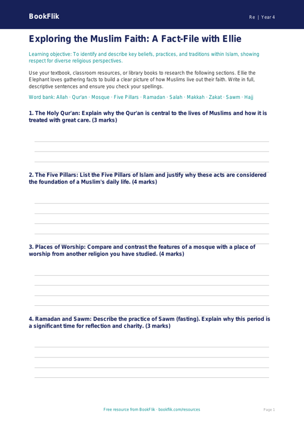 Understanding Islamic Traditions: Class 4 Moral Education Worksheet | BookFlik worksheet preview — Re Islam