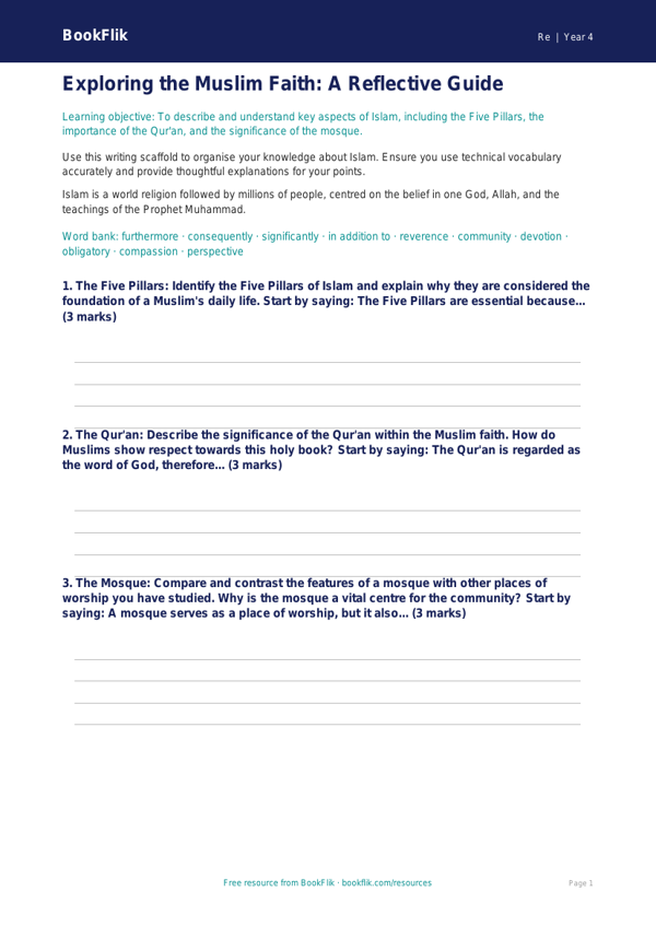 Class 4 Islam Writing Frame: EVS & Moral Education Resource | BookFlik worksheet preview — Re Islam