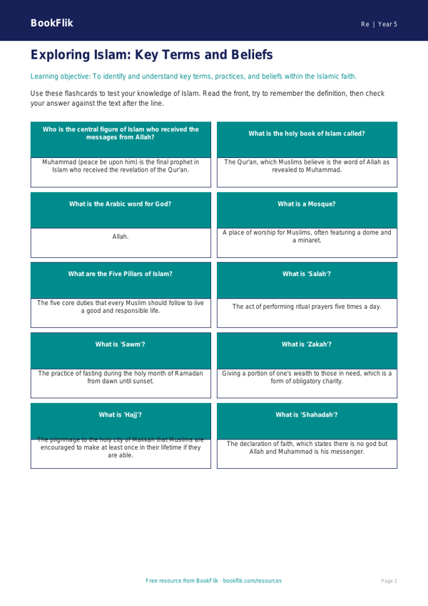 Understanding Islamic Traditions: Class 5 EVS & Moral Education | BookFlik worksheet preview — Re Islam