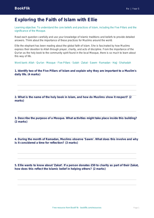 Free Islam Worksheet | Class 5 | EVS / Moral Education | BookFlik worksheet preview — Re Islam