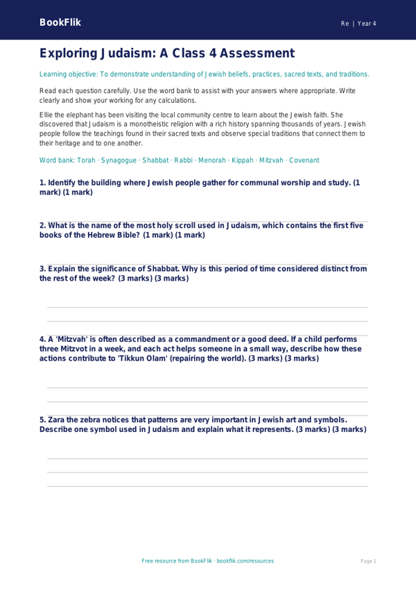 Free Judaism Assessment | Class 4 | EVS / Moral Education | BookFlik worksheet preview — Re Judaism