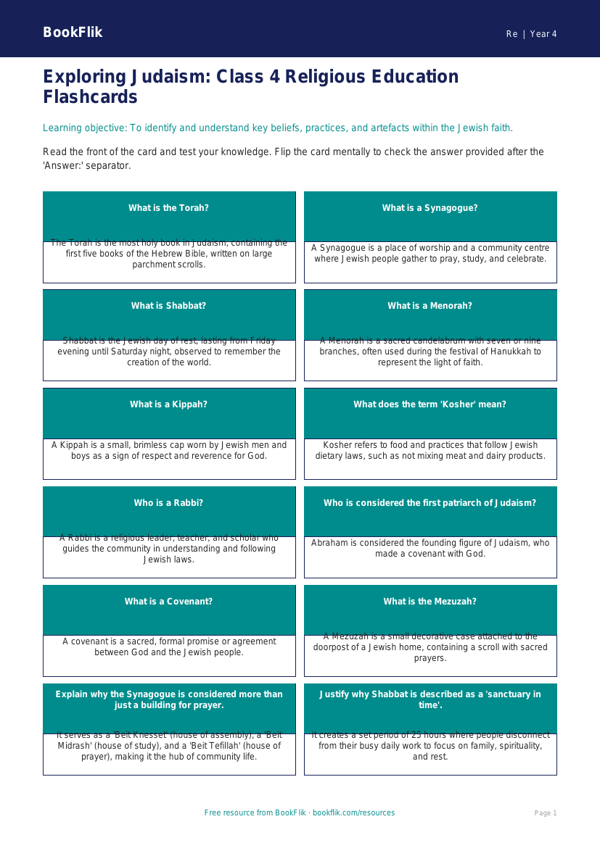 Judaism Flashcards for Class 4 | CBSE EVS & Moral Education | BookFlik worksheet preview — Re Judaism